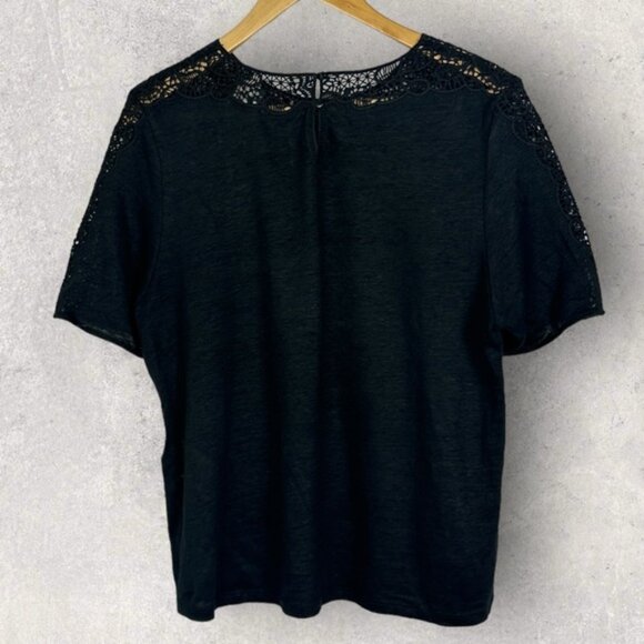 Sezane Lorena 100% Linen Black Top Size XL Lace Embroidery Short Sleeve Blouse - Picture 2 of 12